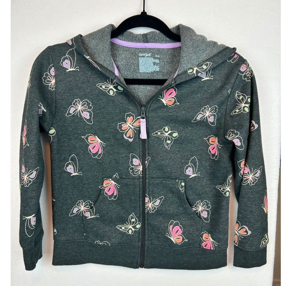 Cat & Jack Girls Butterfly Print‎ Zip Up Hoodie Dark Gray Fleece Sweatshirt M 8